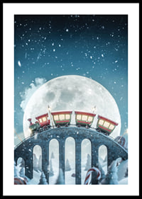 Illustrated train with red carriages over bridge in winter landscape-0