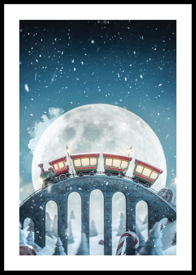 Illustrated train with red carriages over bridge in winter landscape-12