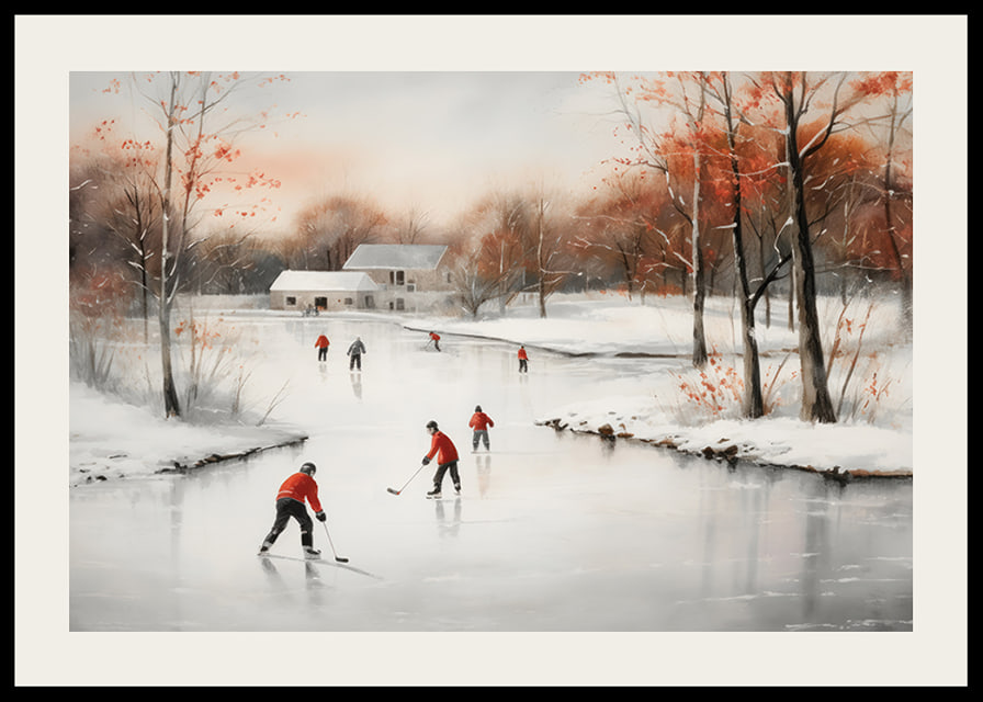 Watercolor of skaters on frozen lake among winter trees-12