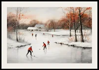 Watercolor of skaters on frozen lake among winter trees-2