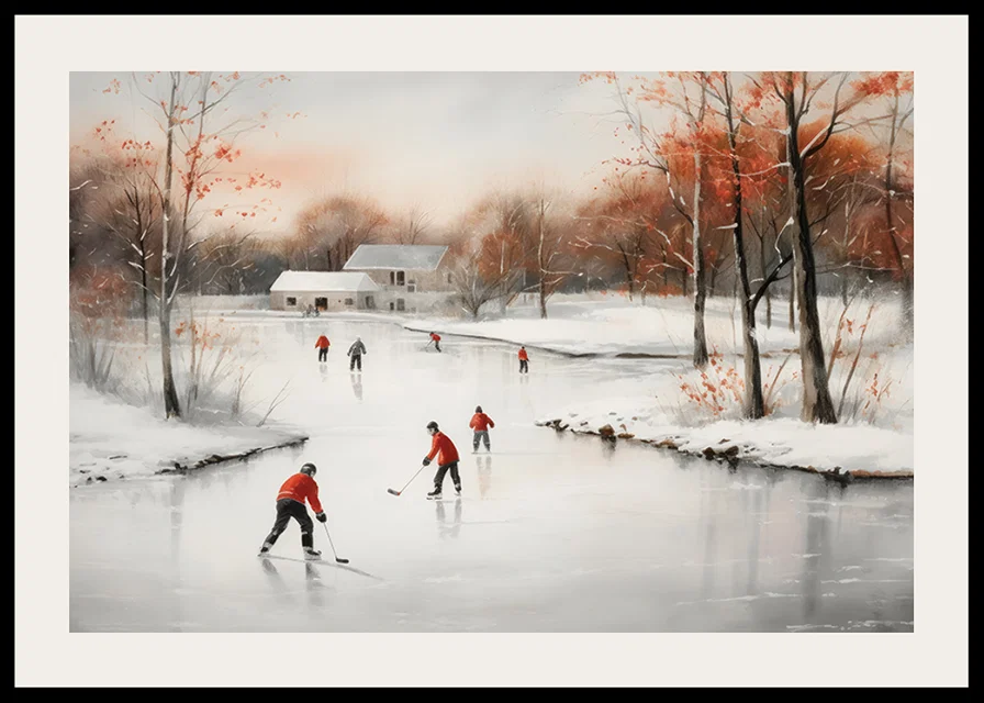 Watercolor of skaters on frozen lake among winter trees-12