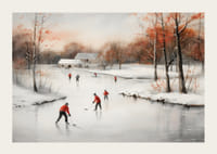 Akvarel korčuliarov na zamrznutom jazere medzi zimnými stromami-3