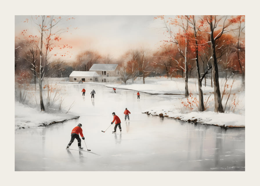 Akvarel korčuliarov na zamrznutom jazere medzi zimnými stromami-12