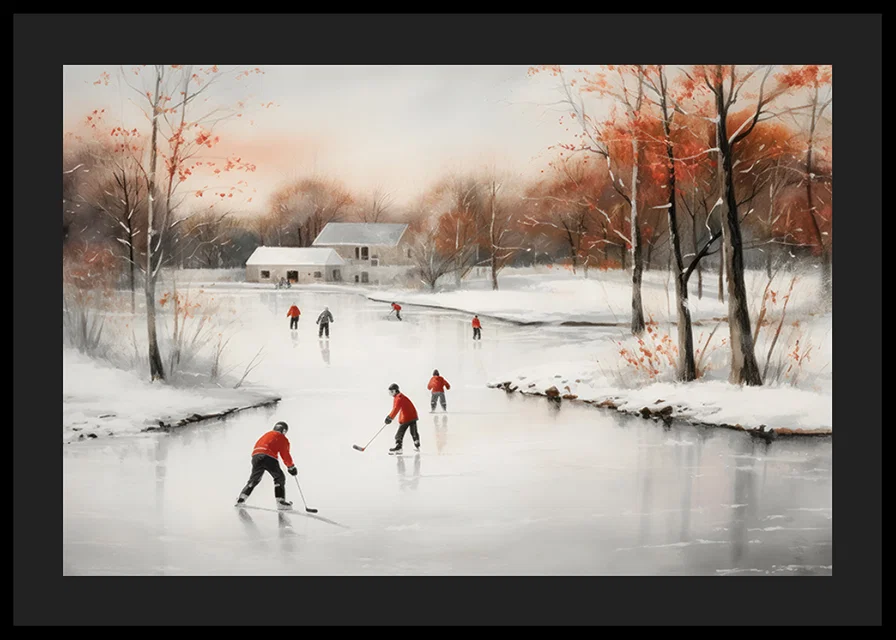Watercolor of skaters on frozen lake among winter trees-12