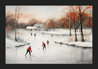 Watercolor of skaters on frozen lake among winter trees-5