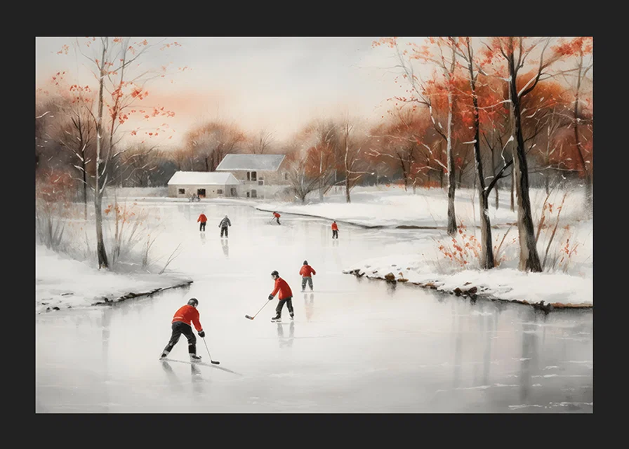 Watercolor of skaters on frozen lake among winter trees-12