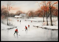 Watercolor of skaters on frozen lake among winter trees-6