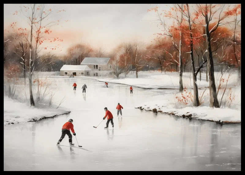 Watercolor of skaters on frozen lake among winter trees-12