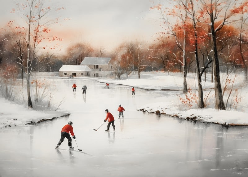 Watercolor of skaters on frozen lake among winter trees-12