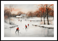 Watercolor of skaters on frozen lake among winter trees-0