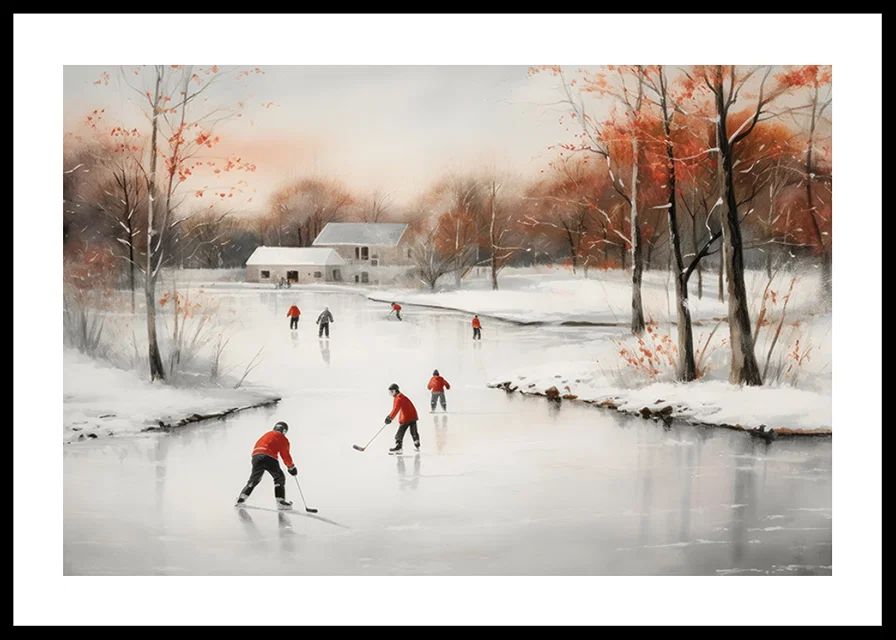 Watercolor of skaters on frozen lake among winter trees-12