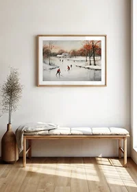 Watercolor of skaters on frozen lake among winter trees-8