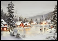 Watercolor of snow-covered village by frozen lake with lit houses-6