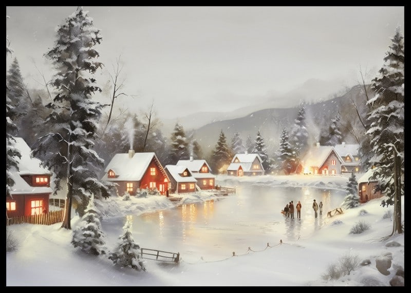 Watercolor of snow-covered village by frozen lake with lit houses-12