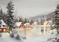 Watercolor of snow-covered village by frozen lake with lit houses-7