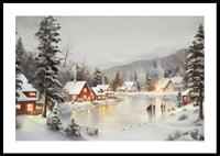 Watercolor of snow-covered village by frozen lake with lit houses-0