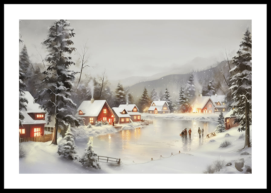 Watercolor of snow-covered village by frozen lake with lit houses-12