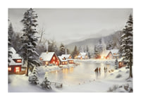 Watercolor of snow-covered village by frozen lake with lit houses-1