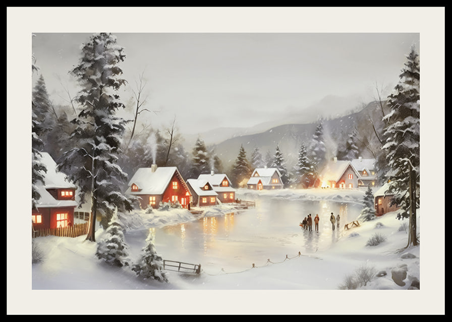 Watercolor of snow-covered village by frozen lake with lit houses-12