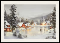 Akvarel zasneženej dediny pri zamrznutom jazere s osvetlenými domami-2