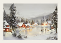 Watercolor of snow-covered village by frozen lake with lit houses-3