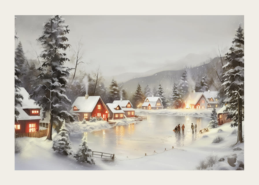 Akvarel zasneženej dediny pri zamrznutom jazere s osvetlenými domami-12