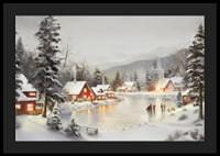 Watercolor of snow-covered village by frozen lake with lit houses-4