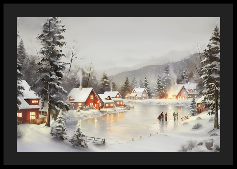Watercolor of snow-covered village by frozen lake with lit houses-12