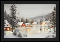 Akvarel zasneženej dediny pri zamrznutom jazere s osvetlenými domami-4