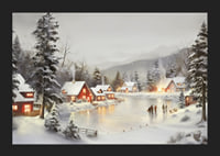 Watercolor of snow-covered village by frozen lake with lit houses-5
