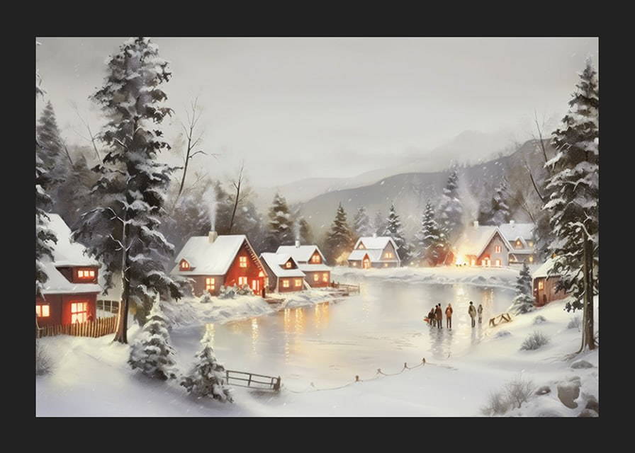 Watercolor of snow-covered village by frozen lake with lit houses-12