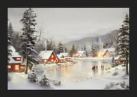 Akvarel zasneženej dediny pri zamrznutom jazere s osvetlenými domami-5