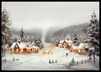 Watercolor painting of snow-covered village with red cottages and ice skaters-6