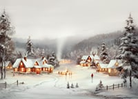 Watercolor painting of snow-covered village with red cottages and ice skaters-7
