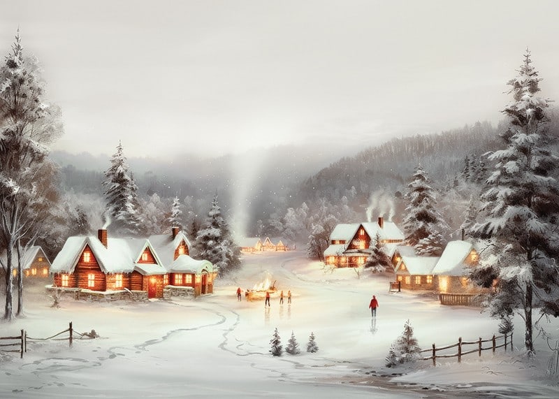 Watercolor painting of snow-covered village with red cottages and ice skaters-12