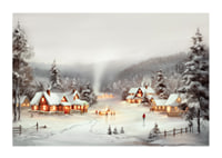 Watercolor painting of snow-covered village with red cottages and ice skaters-1