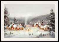 Akvarell festmény hófödte faluról piros házikókkal és korcsolyázókkal-2