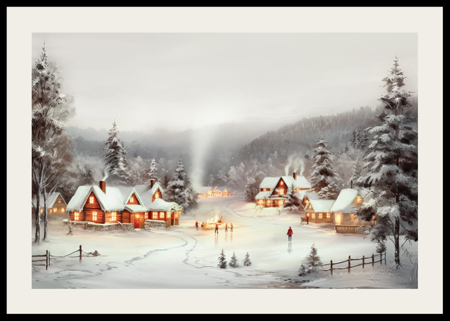 Akvarell festmény hófödte faluról piros házikókkal és korcsolyázókkal-12