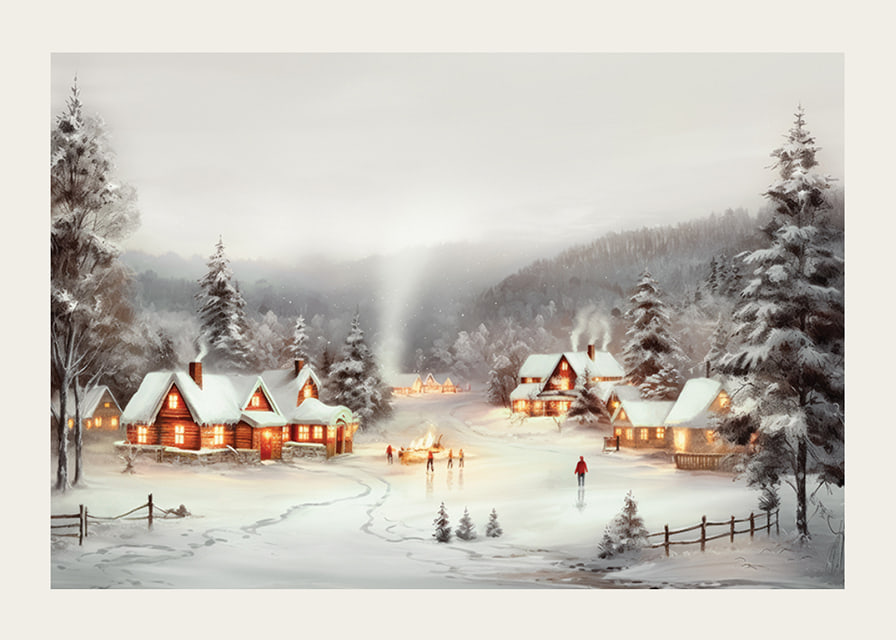 Watercolor painting of snow-covered village with red cottages and ice skaters-12