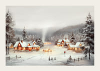 Akvarell festmény hófödte faluról piros házikókkal és korcsolyázókkal-3
