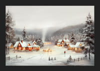 Akvarell festmény hófödte faluról piros házikókkal és korcsolyázókkal-5