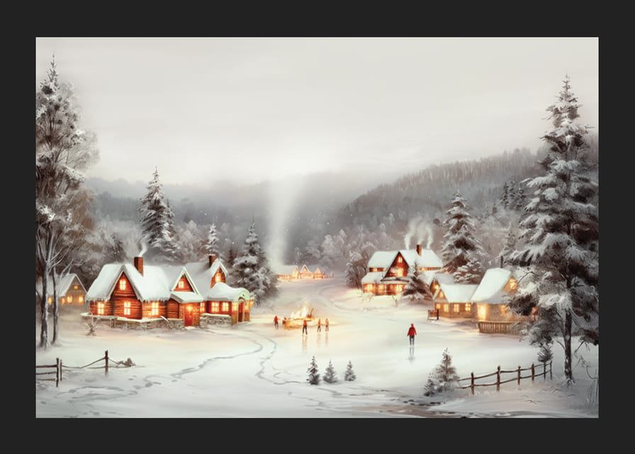 Akvarell festmény hófödte faluról piros házikókkal és korcsolyázókkal-12