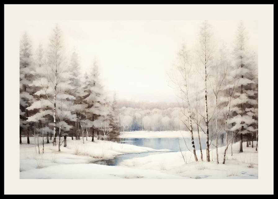 Nutapytas žiemos peizažas su sniegu padengtais medžiais ir užšalusiu ežeru-12