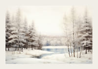 Nutapytas žiemos peizažas su sniegu padengtais medžiais ir užšalusiu ežeru-3