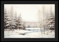 Nutapytas žiemos peizažas su sniegu padengtais medžiais ir užšalusiu ežeru-4