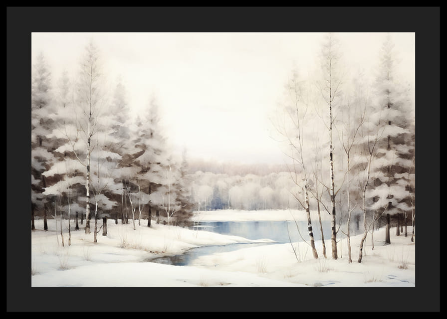 Nutapytas žiemos peizažas su sniegu padengtais medžiais ir užšalusiu ežeru-12