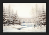 Nutapytas žiemos peizažas su sniegu padengtais medžiais ir užšalusiu ežeru-5