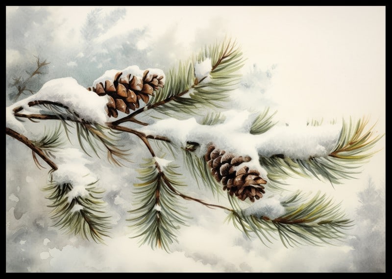 Watercolor of pine cones and coniferous branches with snow-12
