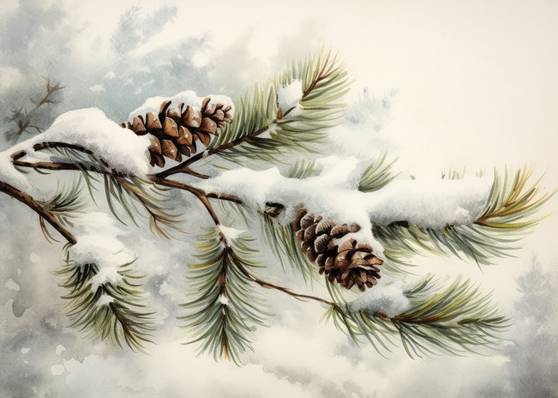 Watercolor of pine cones and coniferous branches with snow-12