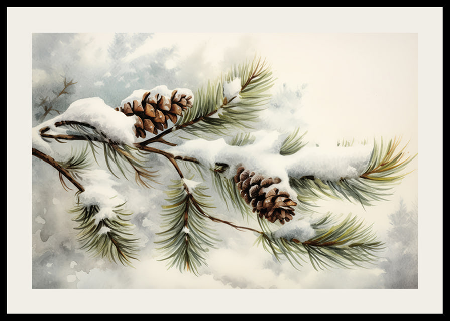 Watercolor of pine cones and coniferous branches with snow-12